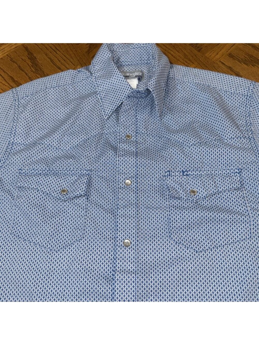 Wrangler Mens Wrancher Western Shirt M Blue Patterned Short Sleeve Snap Front